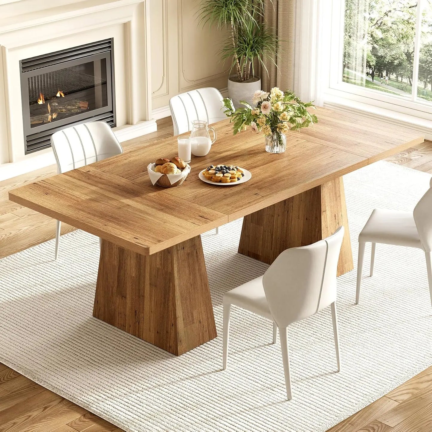 Modern Rectangular Dining Table, Pedestal Legs, Seats 6