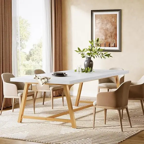 Farmhouse Rectangular Wooden Table With Metal Frame, Seats 6-8