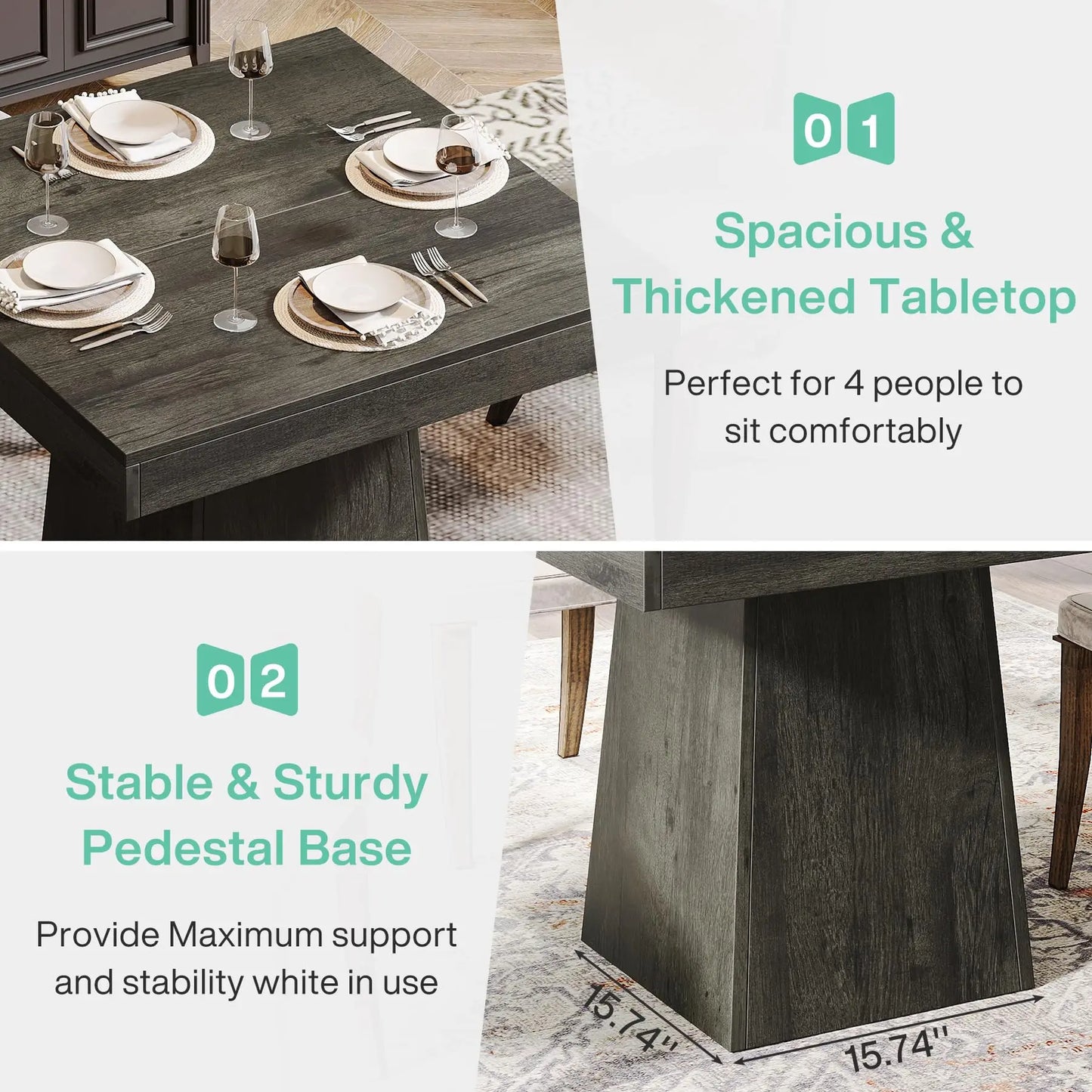 Rustic Farmhouse, Square Dining Table, Pedestal Base, Great For Small Spaces