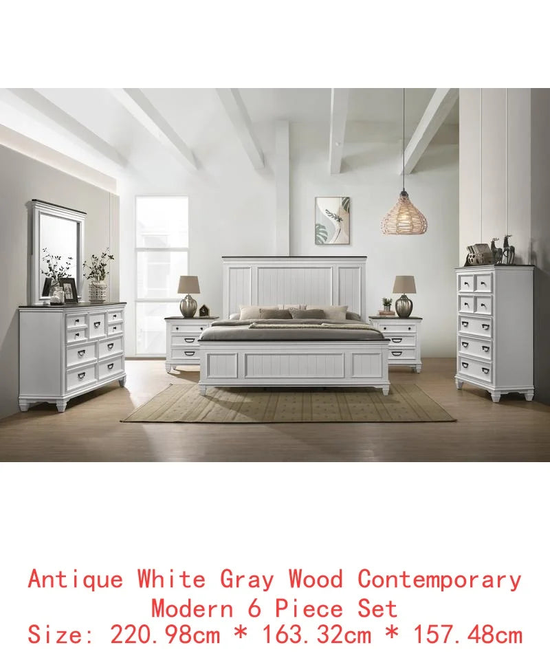 6-Piece Shiplap Panel King Or Queen Bedroom Set Includes Bed, Dresser, Mirror, 2 Nightstands, Chest