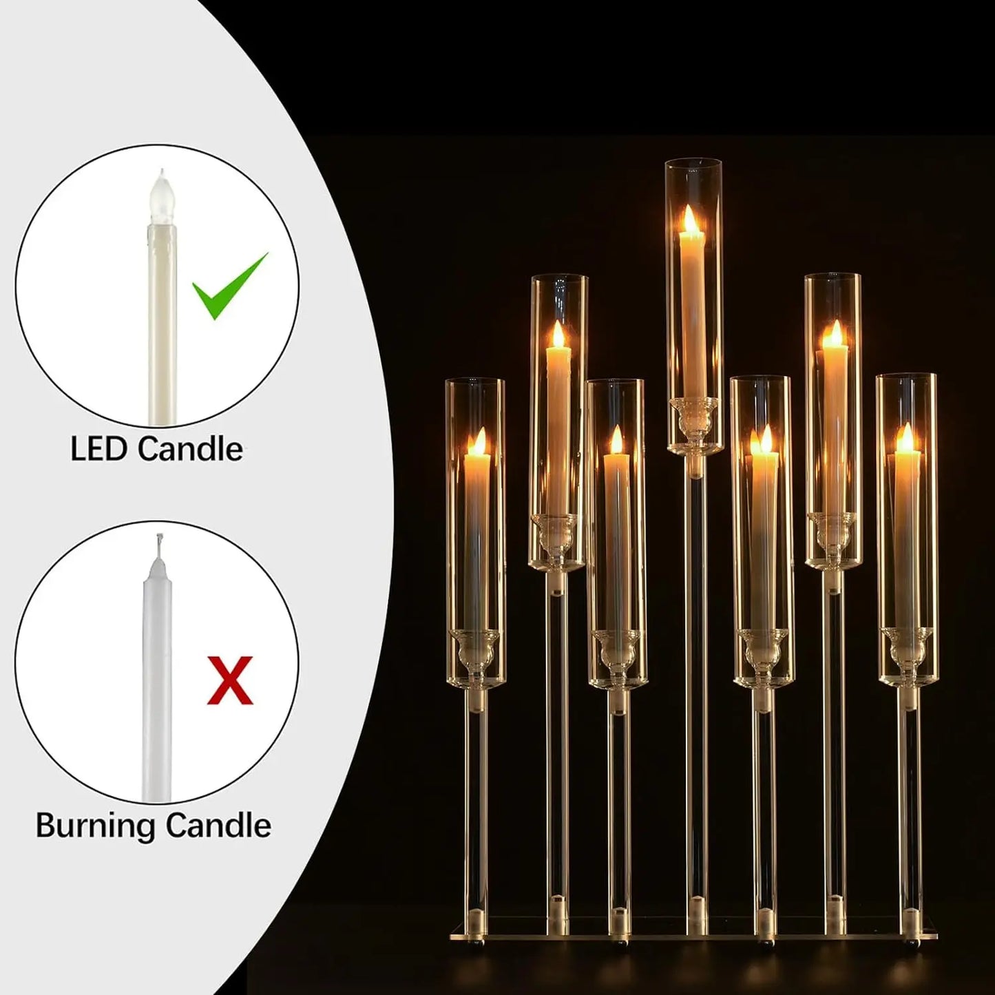 Modern, Elegant 7 Arm Acrylic Candlestick Holder, Use Led Candles Only