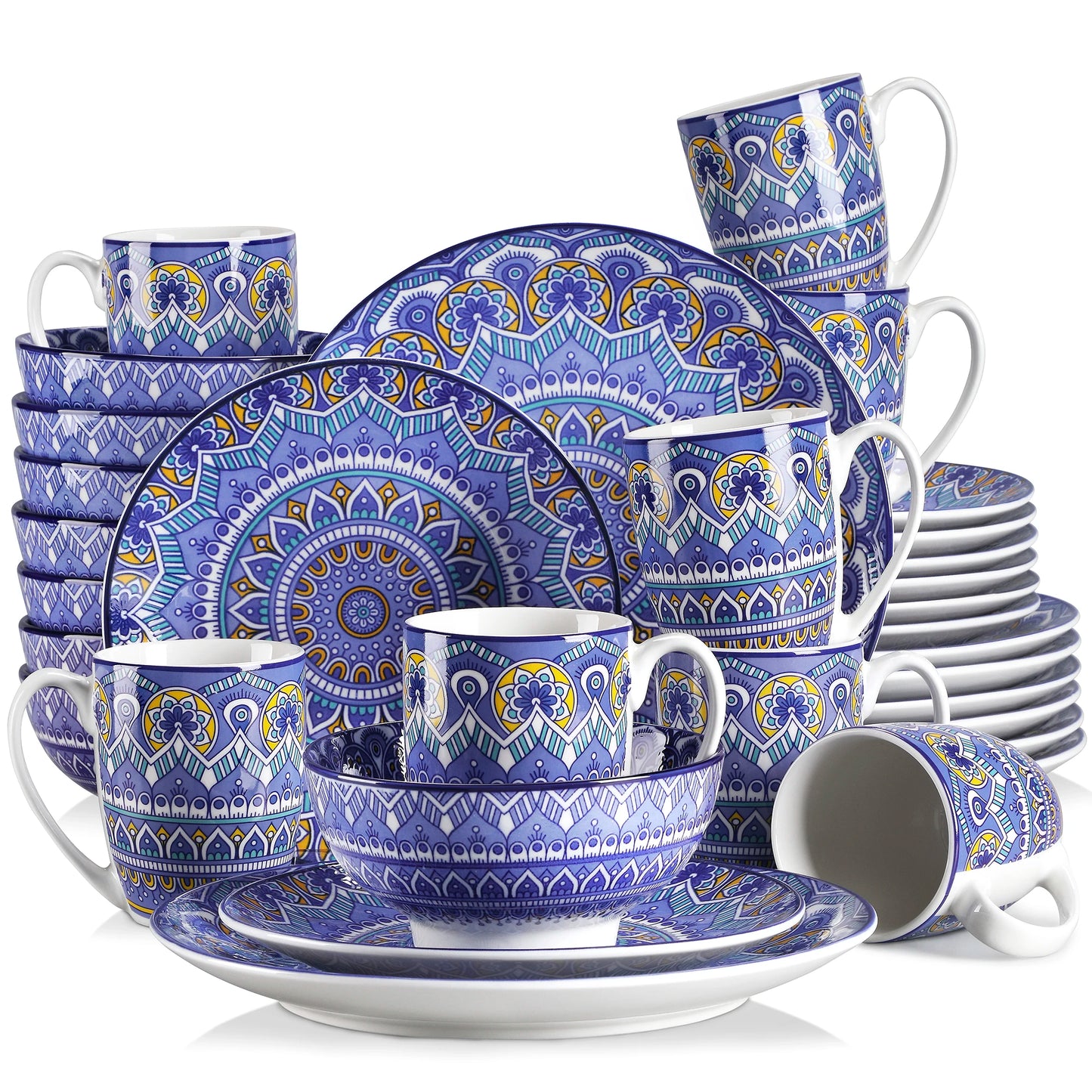 16/32/48 Piece Ceramic Dinnerware Set Colorful Mandala Pattern With Dinner Plate Dessert Plate Mug And Bowl