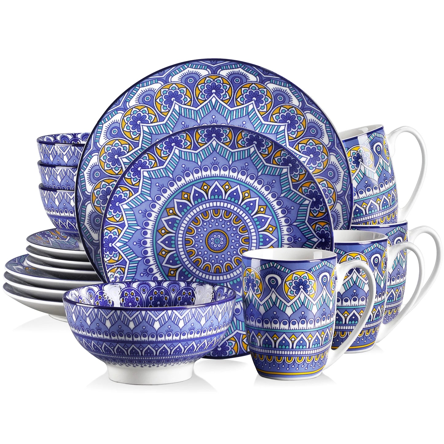 16/32/48 Piece Ceramic Dinnerware Set Colorful Mandala Pattern With Dinner Plate Dessert Plate Mug And Bowl