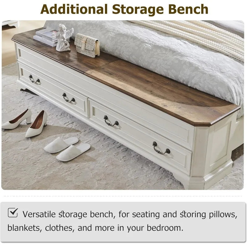 Farmhouse King Bed with Headboard and Storage Bench,with 80" Storage Chest w/ 4 Large Drawer (Antique White)