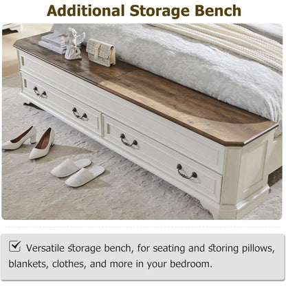 Farmhouse King Bed with Headboard and Storage Bench,with 80" Storage Chest w/ 4 Large Drawer (Antique White)