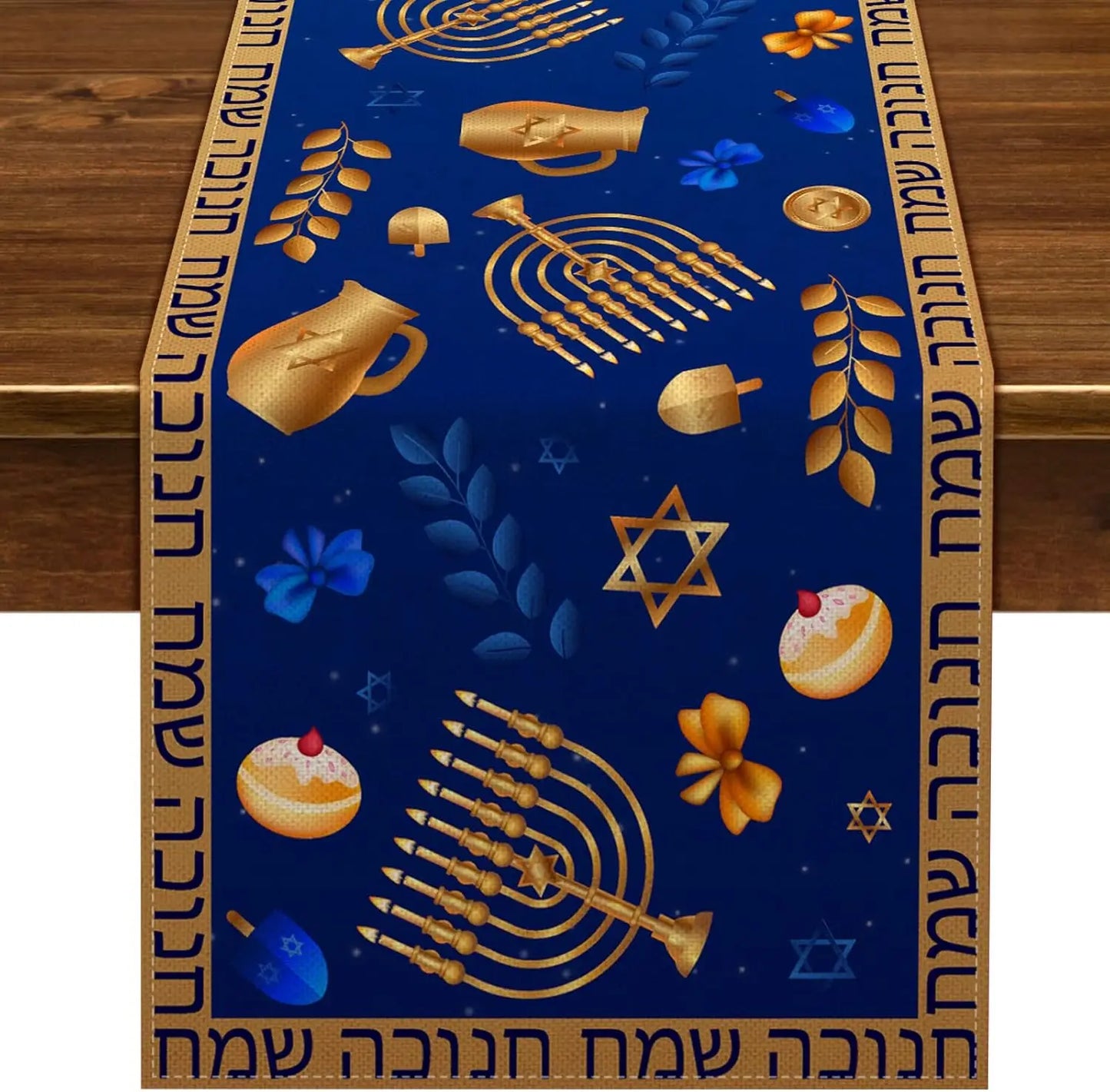 Hanukkah Linen Table Runner Hebrew Jewish Holiday Decor