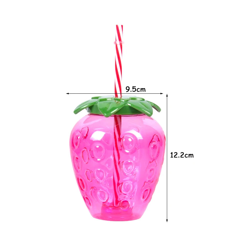 Plastic Fruit Drink Cups With Straw, Strawberry/Pineapple/Watermelon, Set Of 6 Or 8