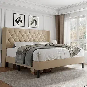 King Size Velvet Platform Bed Frame with Button Tufted Headboard, Upholstered Bed Frame with Solid Wooden Slats