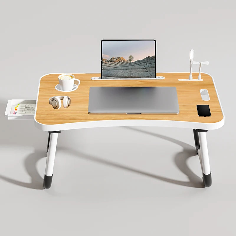 Portable Folding Laptop Desk with USB Light, Small Fan, Cup Holder, Tablet Slot, and Lifting Handle