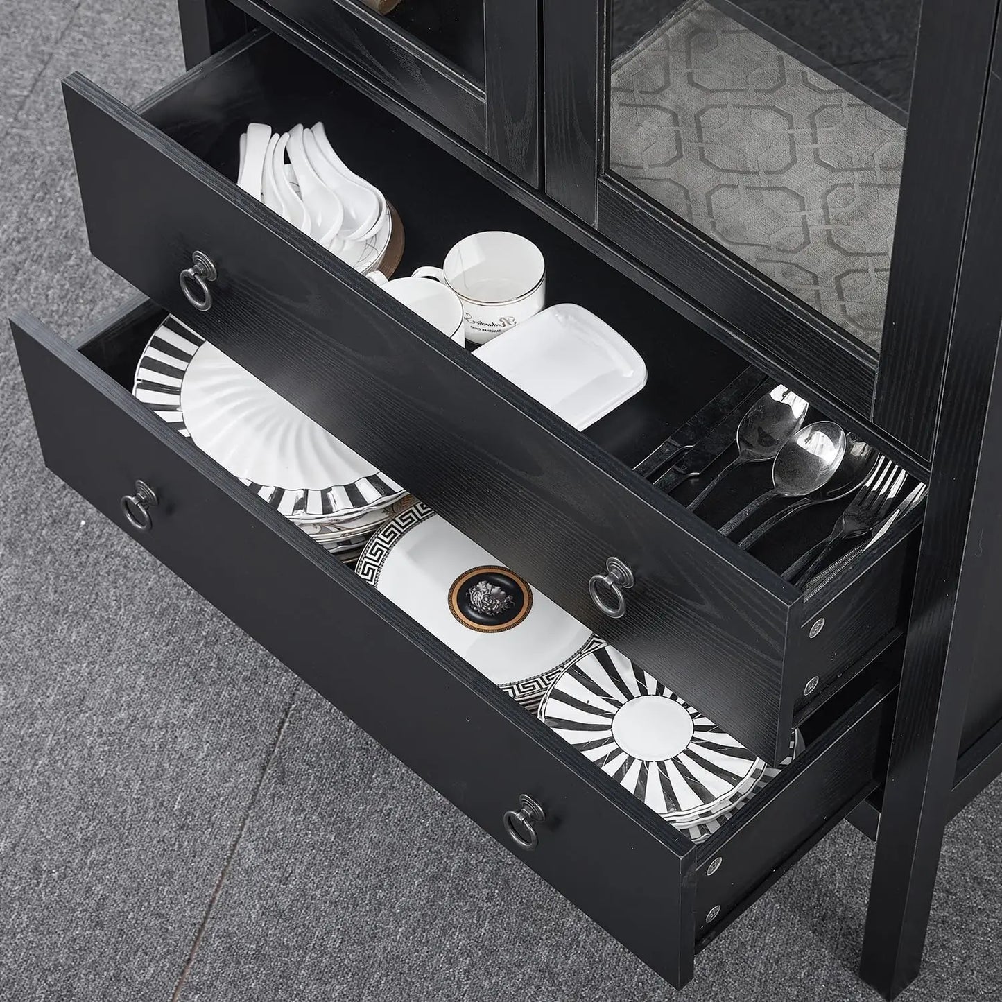 71" Arched Modern Display Cabinet, Glass Doors 2 Drawers