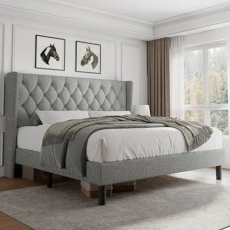 King Size Velvet Platform Bed Frame with Button Tufted Headboard, Upholstered Bed Frame with Solid Wooden Slats