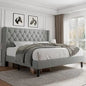 King Size Velvet Platform Bed Frame with Button Tufted Headboard, Upholstered Bed Frame with Solid Wooden Slats