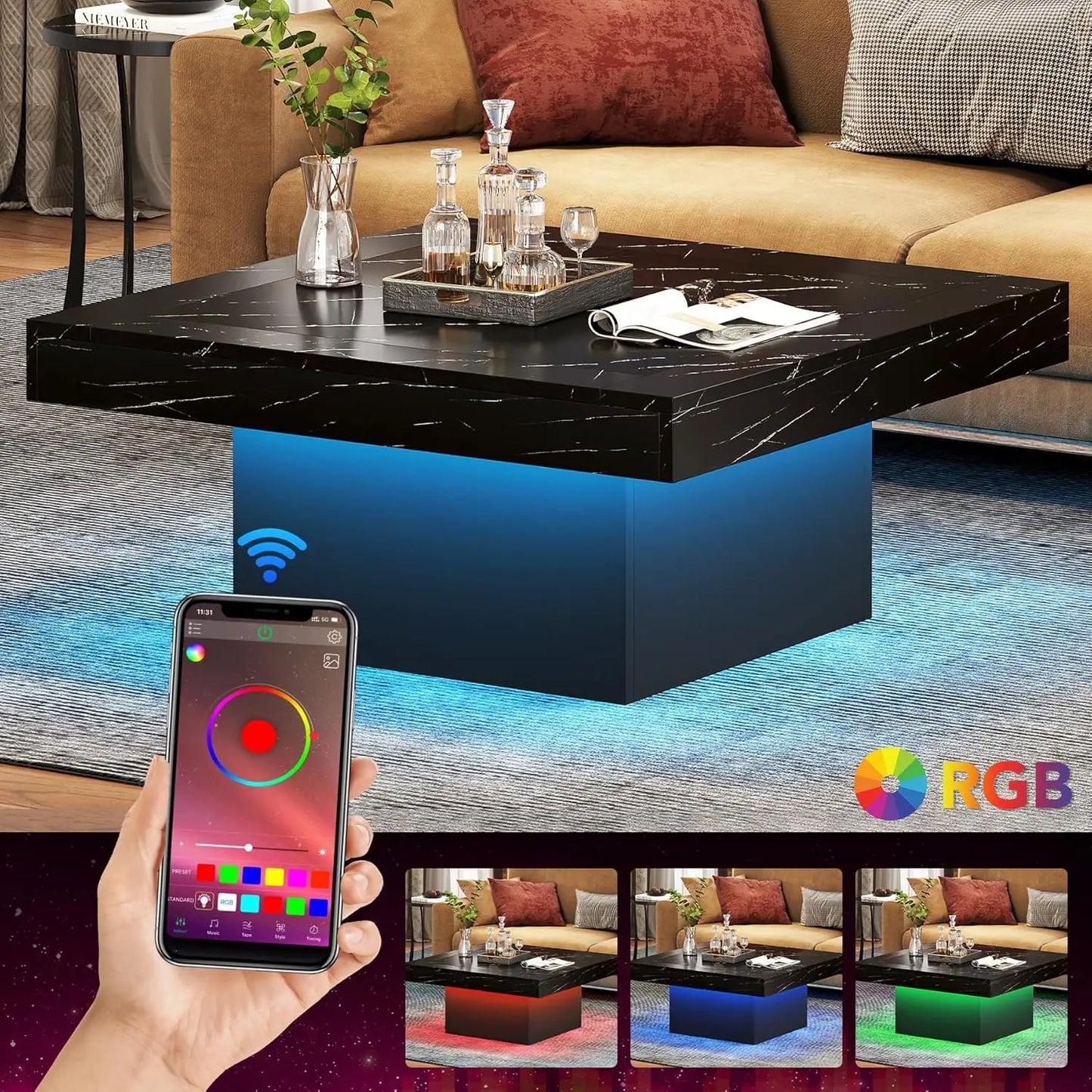 Modern Square Coffee Table With LED Lighting