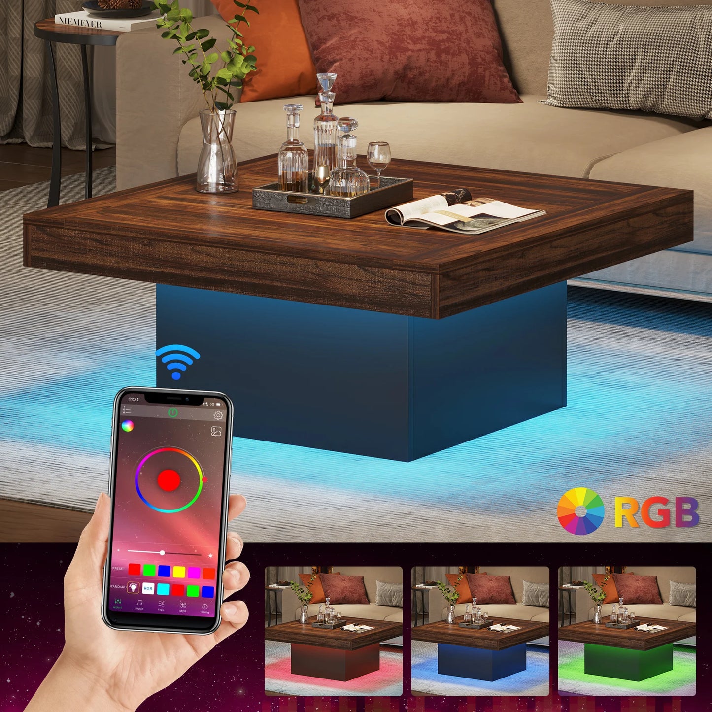 Modern Square Coffee Table With LED Lighting