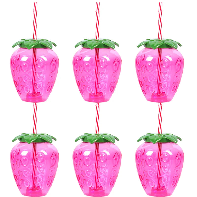 Plastic Fruit Drink Cups With Straw, Strawberry/Pineapple/Watermelon, Set Of 6 Or 8