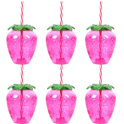 Plastic Fruit Drink Cups With Straw, Strawberry/Pineapple/Watermelon, Set Of 6 Or 8