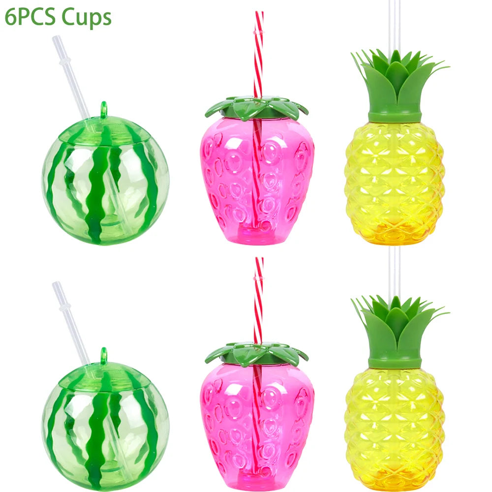 Plastic Fruit Drink Cups With Straw, Strawberry/Pineapple/Watermelon, Set Of 6 Or 8