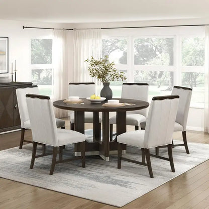 Modern Brown  7-Piece Dining Set with Round Table and 6 Beige Upholstered Side Chairs - Durable Metallic Base, Elegant