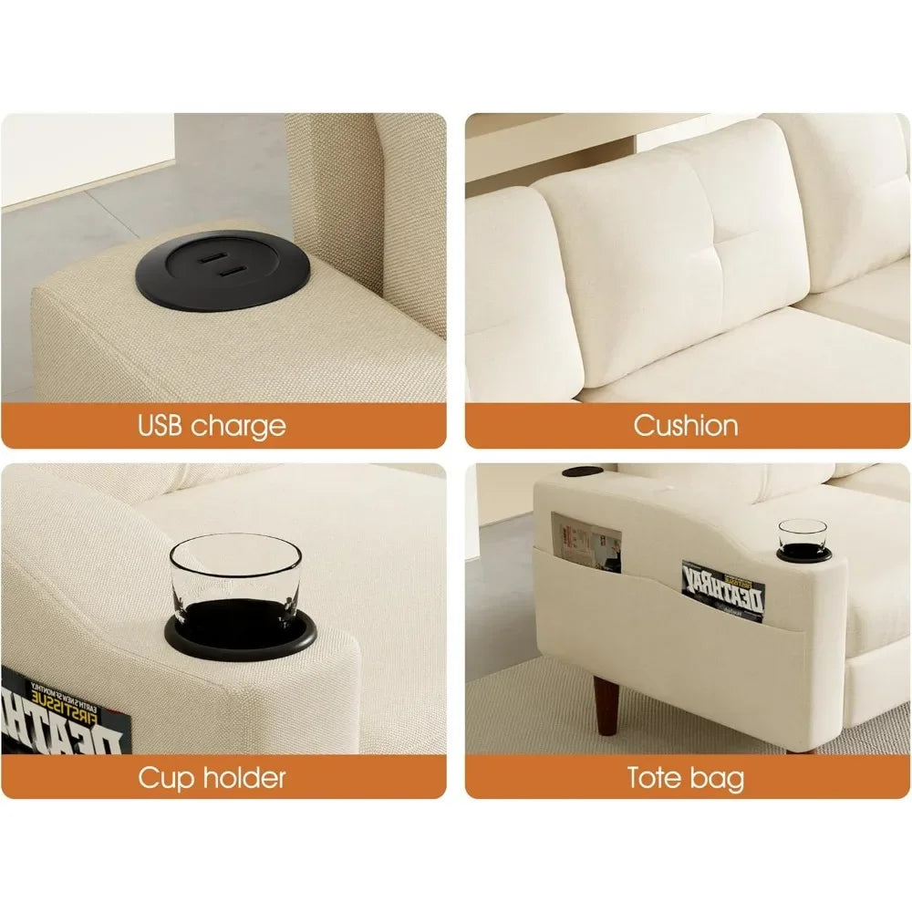 L Shaped Lounge Sectional Sofa for Living Room, 78 Inch 3-Seater USB Charging Couch with Cup Holders & Washable Cover