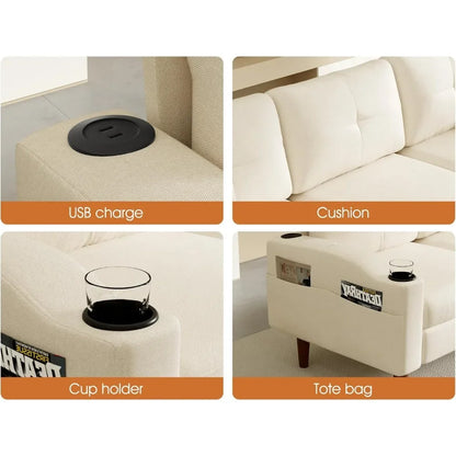 L Shaped Lounge Sectional Sofa for Living Room, 78 Inch 3-Seater USB Charging Couch with Cup Holders & Washable Cover