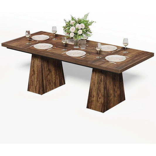 Modern Rectangular Dining Table, Pedestal Legs, Seats 6