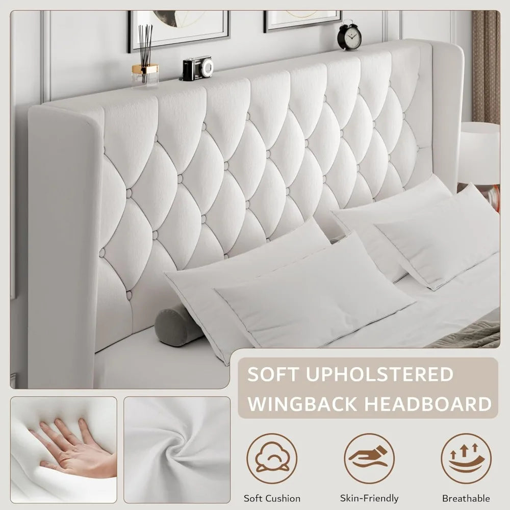 King Size Velvet Platform Bed Frame with Button Tufted Headboard, Upholstered Bed Frame with Solid Wooden Slats