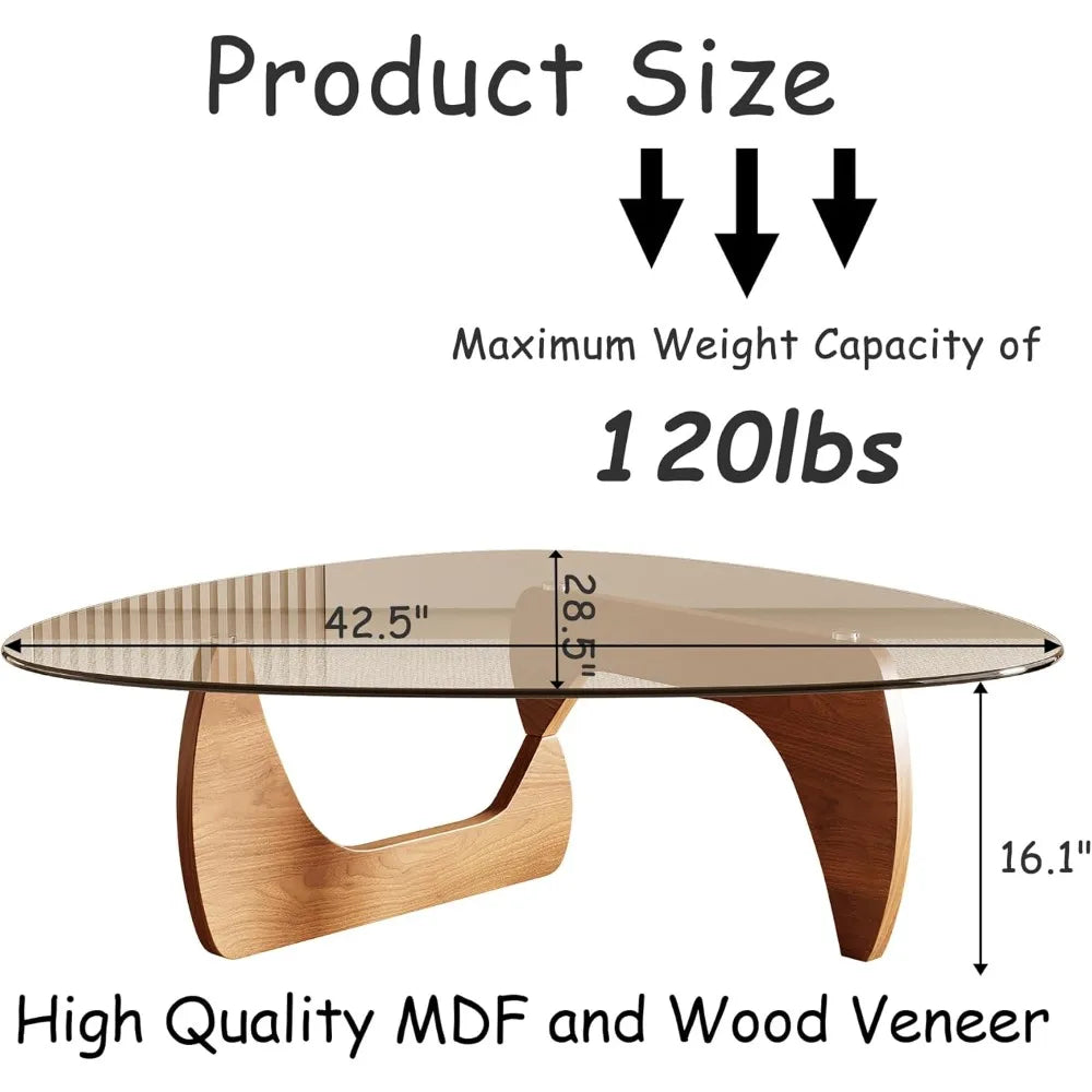 Modern Coffee Table, 42.5" x 28.5" x 16.1" Triangle Tempered Glass Top for Living Room, Color: Natural Wood