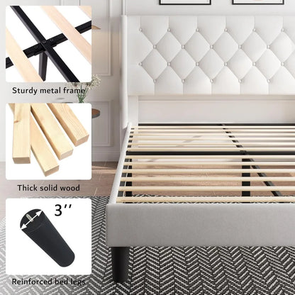King Size Velvet Platform Bed Frame with Button Tufted Headboard, Upholstered Bed Frame with Solid Wooden Slats