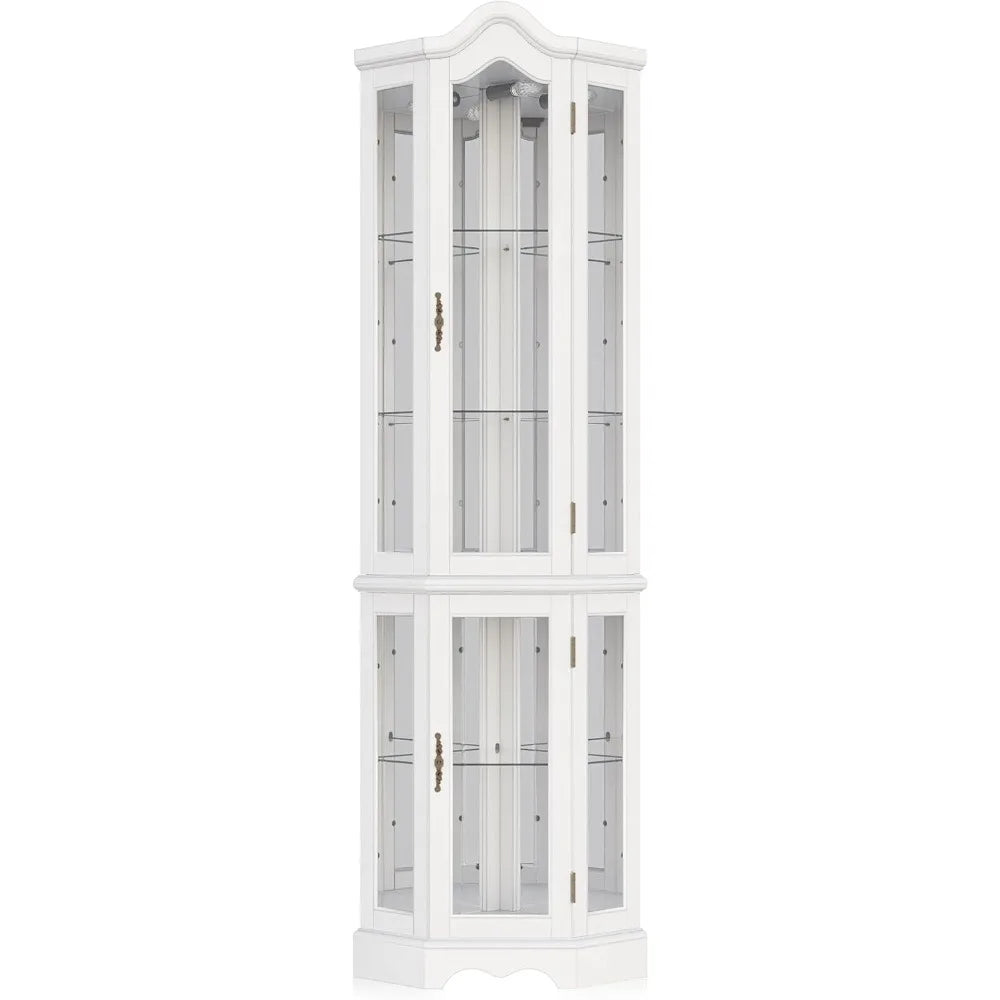 Lighted Traditional Corner Curio Cabinet, Glass Doors, Mirrored Back