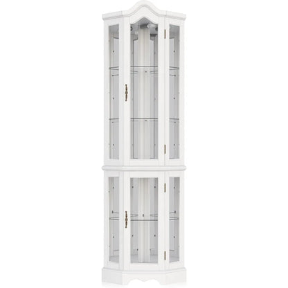 Lighted Traditional Corner Curio Cabinet, Glass Doors, Mirrored Back
