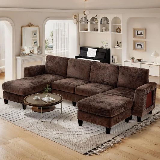 118" Modular Sectional Sofa for Living Room,Soft Chenille Fabric, 4 Seater with 2 Ottomans and Foldable Side Tables