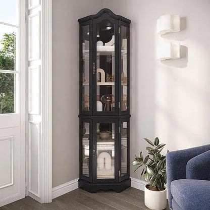 Lighted Traditional Corner Curio Cabinet, Glass Doors, Mirrored Back