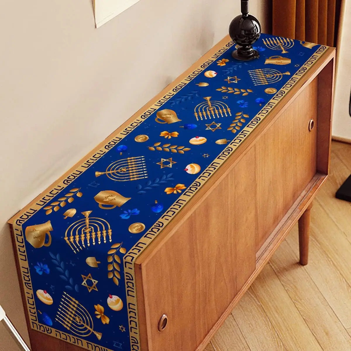 Hanukkah Linen Table Runner Hebrew Jewish Holiday Decor