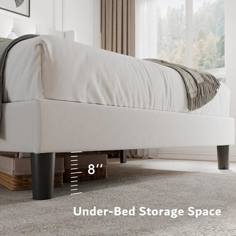 King Size Velvet Platform Bed Frame with Button Tufted Headboard, Upholstered Bed Frame with Solid Wooden Slats