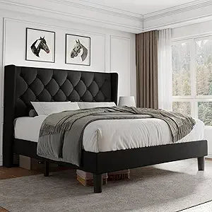 King Size Velvet Platform Bed Frame with Button Tufted Headboard, Upholstered Bed Frame with Solid Wooden Slats