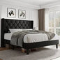 King Size Velvet Platform Bed Frame with Button Tufted Headboard, Upholstered Bed Frame with Solid Wooden Slats
