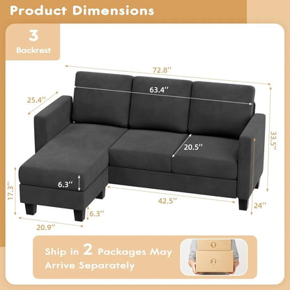 Sectional Sofa Couch, 3 Seat L-Shaped Sofa with Linen Fabric
