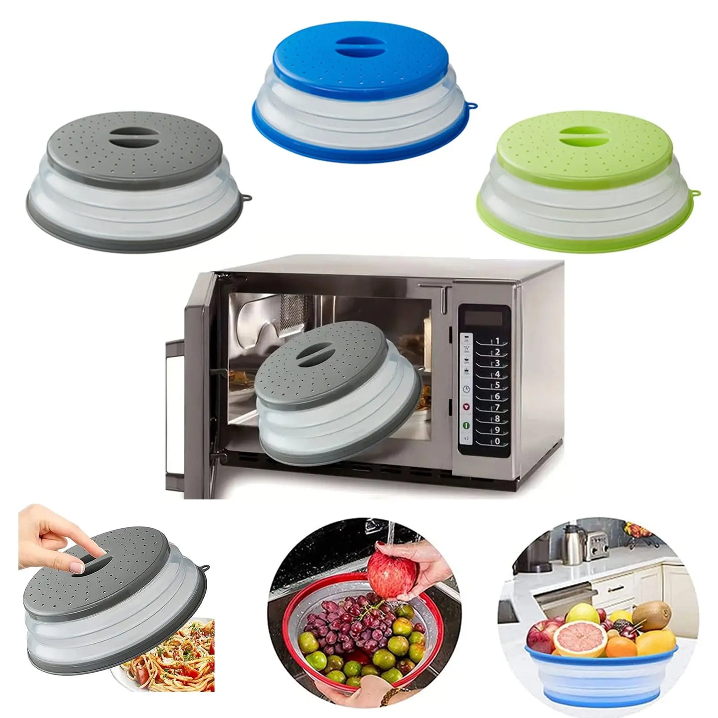 Collapsible Microwave Food Cover Prevents Splatter Colander