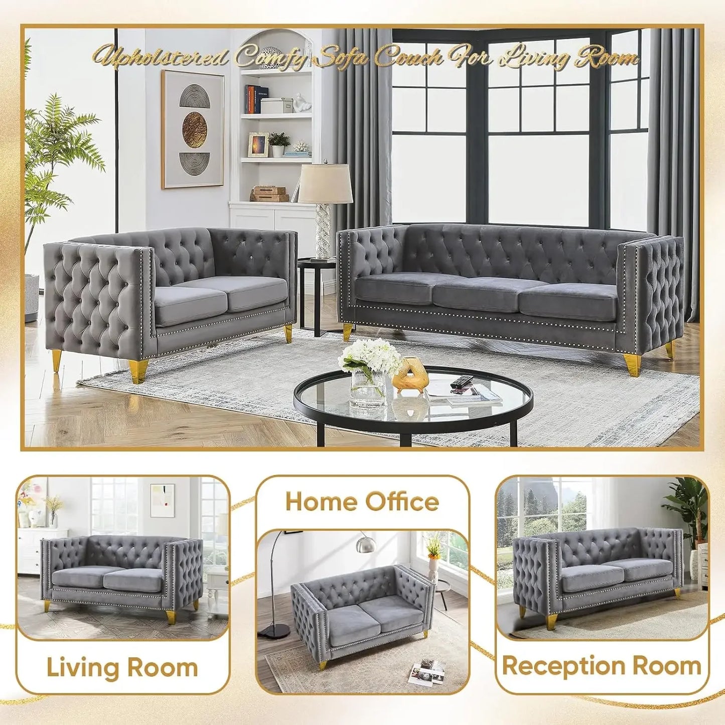 Velvet Living Room Sofa Set of 2, Comfy Loveseat and 3 Seater Couch, Modern Sofa with Tufted Back and Rivet Decoration
