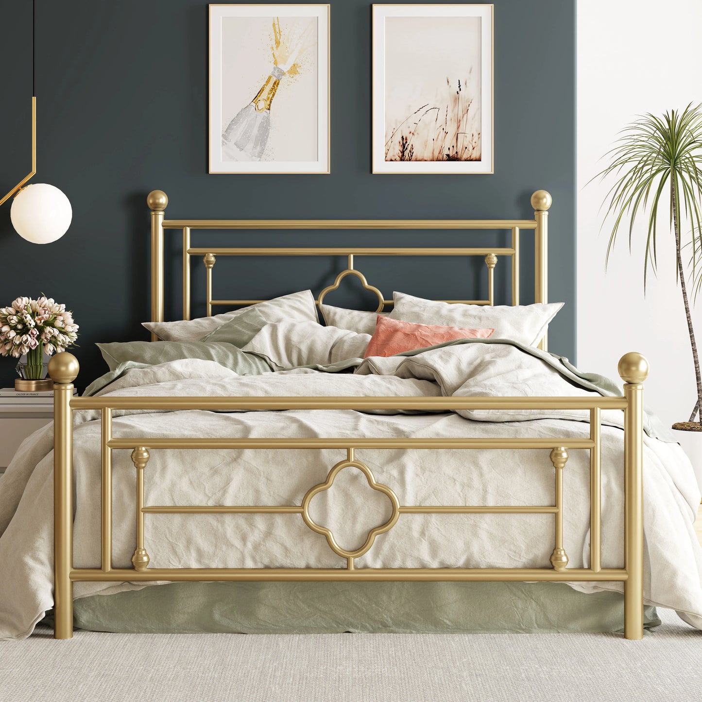 Metal Platform Bed Frame, Vintage Victorian Style, Wrought Iron Headboard and Footboard, Gold/Black/White, Twin/Full/Queen
