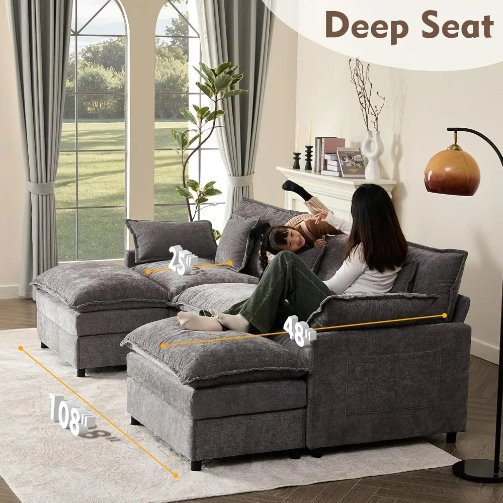 108" U Shaped Couch, Modular Sectional Sofa, 3-Seater Comfy Cloud Couch with Movable Ottoman