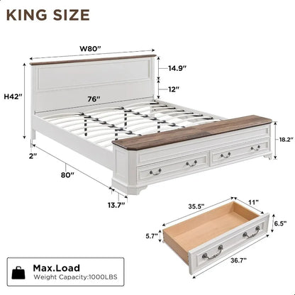 Farmhouse King Bed with Headboard and Storage Bench,with 80" Storage Chest w/ 4 Large Drawer (Antique White)
