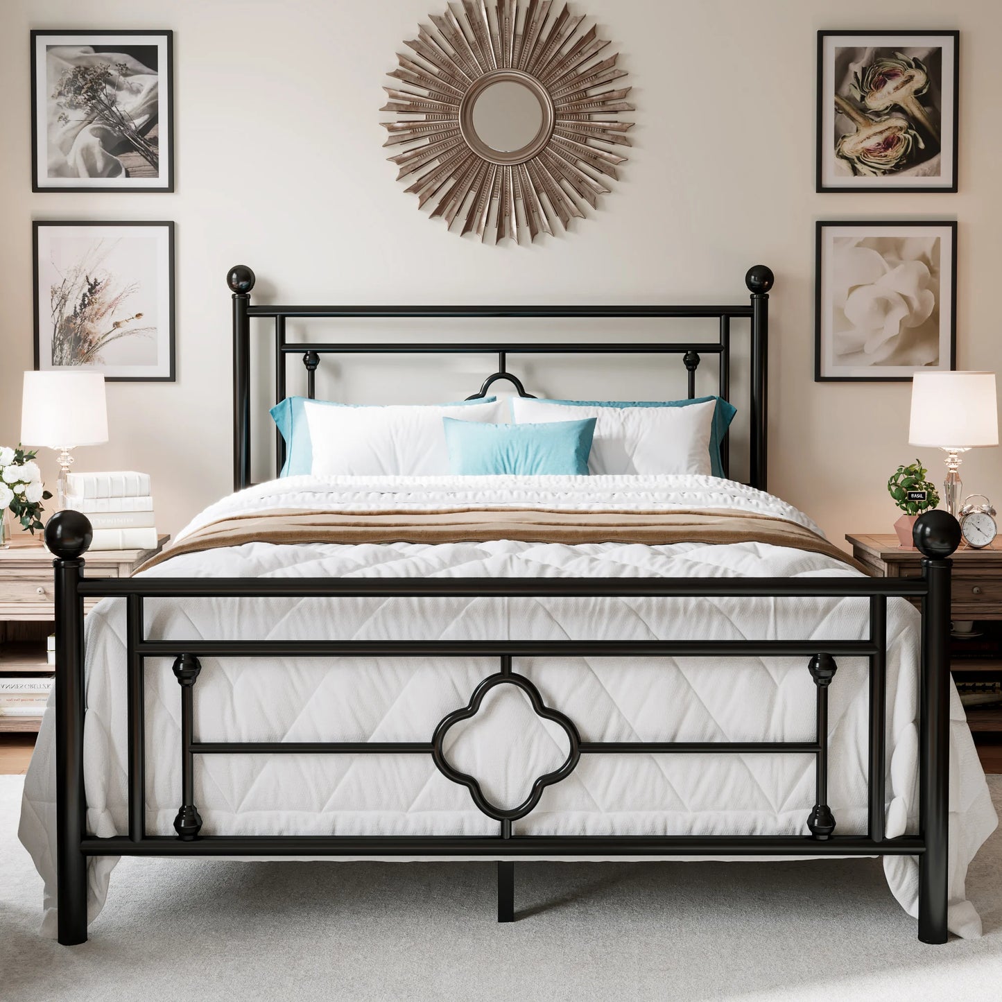 Metal Platform Bed Frame, Vintage Victorian Style, Wrought Iron Headboard and Footboard, Gold/Black/White, Twin/Full/Queen