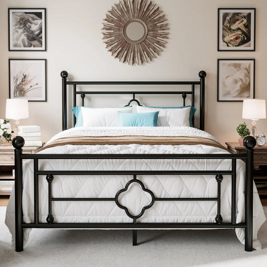 Metal Platform Bed Frame, Vintage Victorian Style, Wrought Iron Headboard and Footboard, Gold/Black/White, Twin/Full/Queen