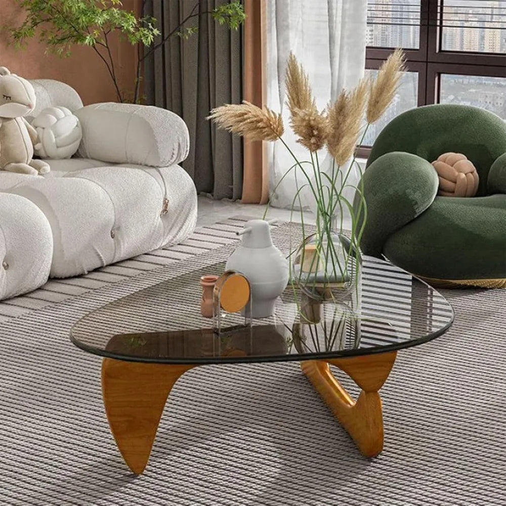 Modern Triangular Glass Top Coffee Table With Abstract Base