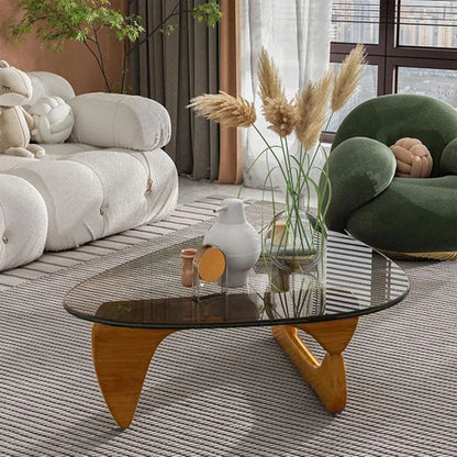 Modern Triangular Glass Top Coffee Table With Abstract Base