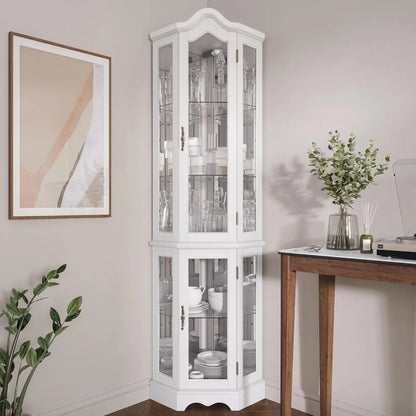 Lighted Traditional Corner Curio Cabinet, Glass Doors, Mirrored Back