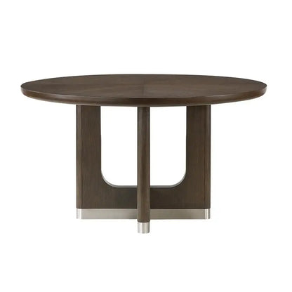 Modern Brown  7-Piece Dining Set with Round Table and 6 Beige Upholstered Side Chairs - Durable Metallic Base, Elegant