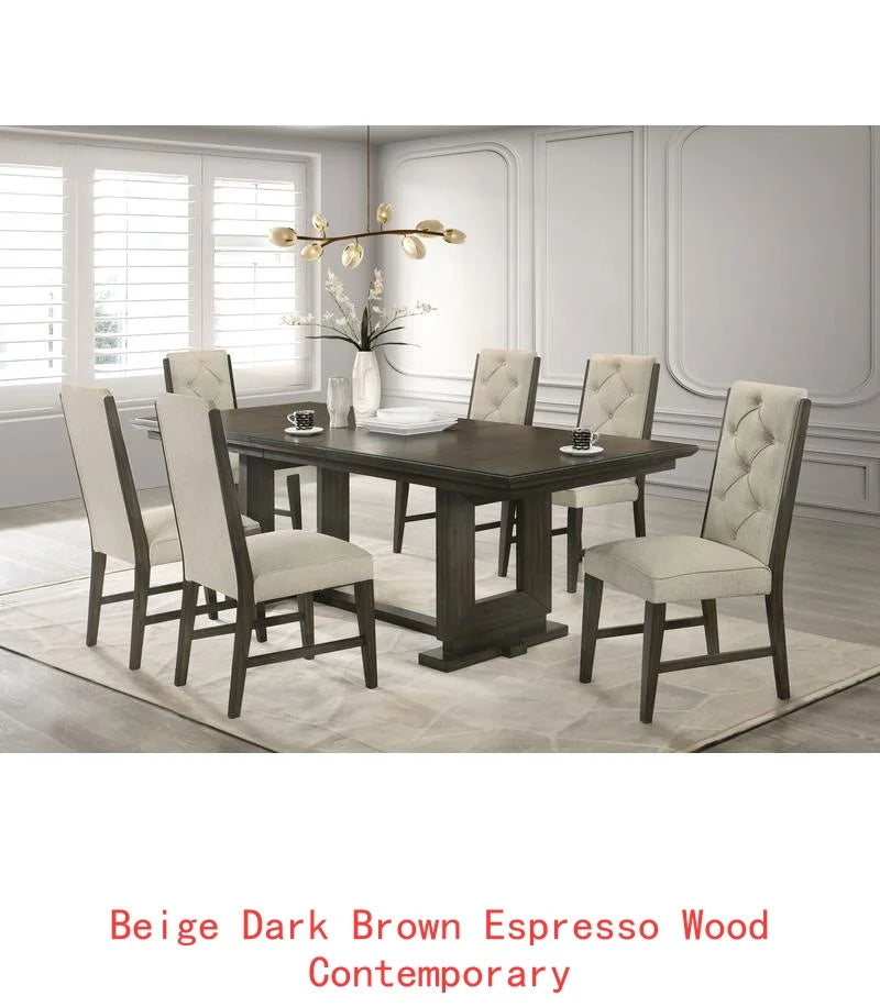 5pc Rectangular Extendable Dining Table with 18" Leaf, Trestle Base, Upholstered Button Tufted Chairs