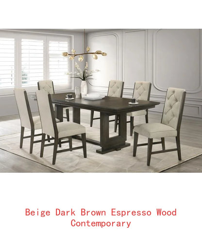 5pc Rectangular Extendable Dining Table with 18" Leaf, Trestle Base, Upholstered Button Tufted Chairs